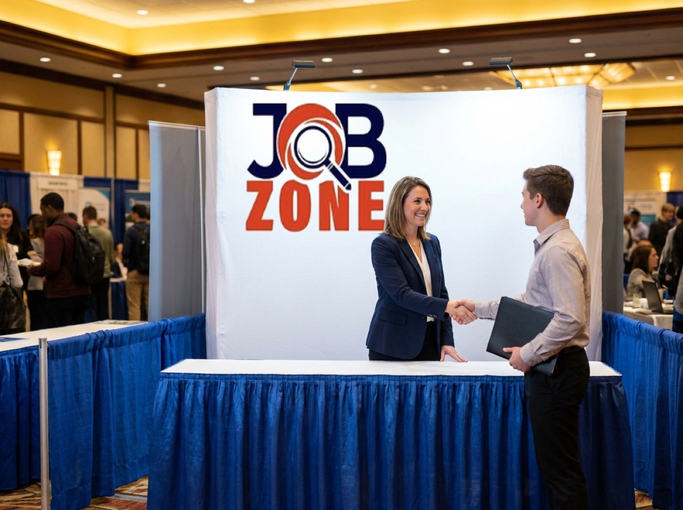 Still from a JobZone commercial: a recruiter shakes hands with a candidate at a JobZone booth