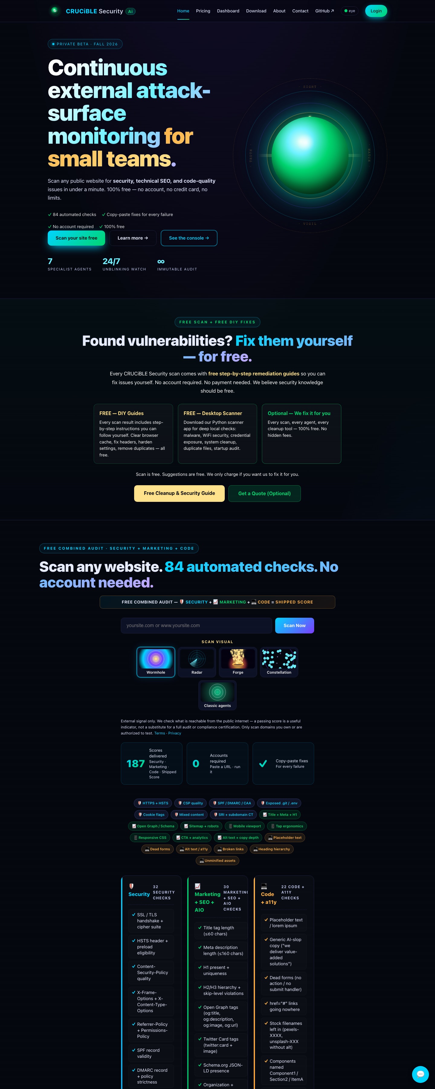 Crucible Security homepage: continuous external attack-surface monitoring